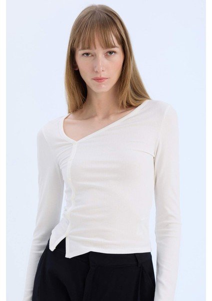 Slim Fit Dar Kesim Fitilli Kaşkorse Uzun Kollu Bluz E5404AX25SP