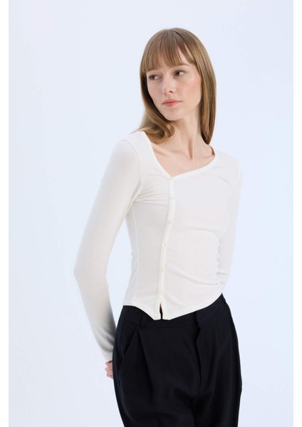Slim Fit Dar Kesim Fitilli Kaşkorse Uzun Kollu Bluz E5404AX25SP