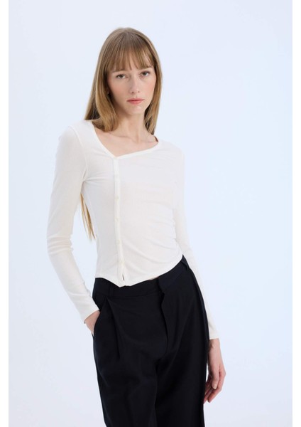 Slim Fit Dar Kesim Fitilli Kaşkorse Uzun Kollu Bluz E5404AX25SP