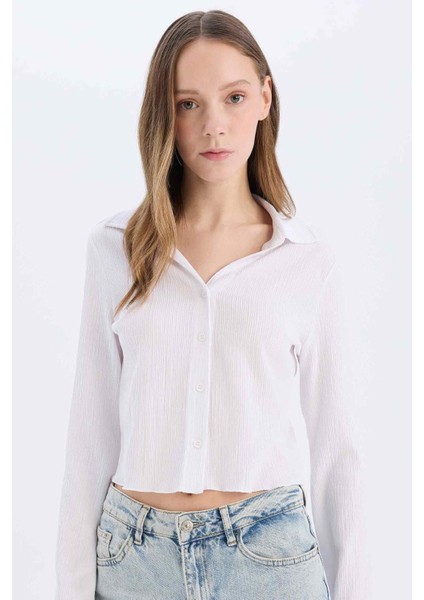 Coool Fitted Basic Düz Düğmeli Uzun Kollu Crop Beyaz Gömlek A0012AX25SP