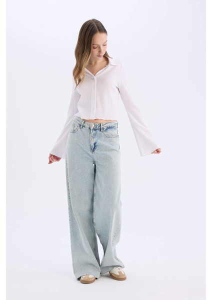 Coool Fitted Basic Düz Düğmeli Uzun Kollu Crop Beyaz Gömlek A0012AX25SP