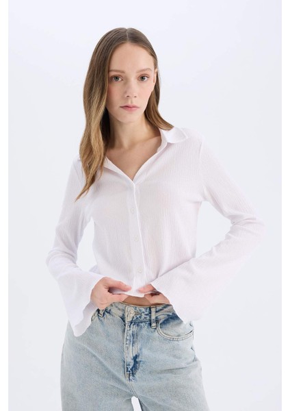 Coool Fitted Basic Düz Düğmeli Uzun Kollu Crop Beyaz Gömlek A0012AX25SP