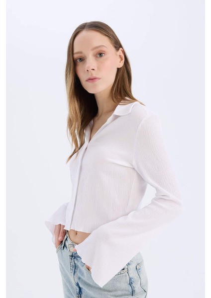 Coool Fitted Basic Düz Düğmeli Uzun Kollu Crop Beyaz Gömlek A0012AX25SP