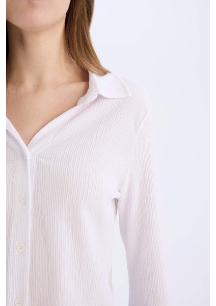 Coool Fitted Basic Düz Düğmeli Uzun Kollu Crop Beyaz Gömlek A0012AX25SP