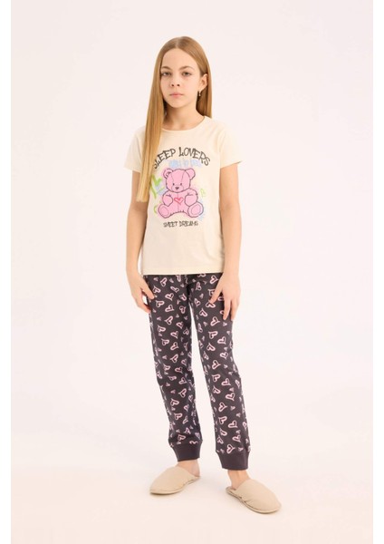 Kız Çocuk Pijama Takımı Bisiklet Yaka Baskılı Kısa Kollu Üst Beli Lastikli Desenli Alt E0538A825SM