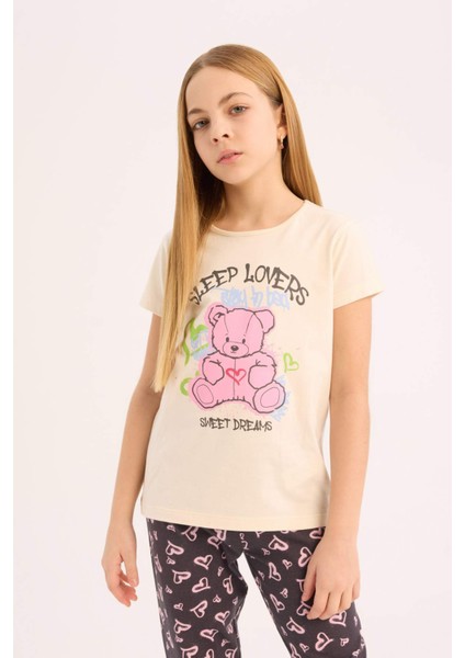 Kız Çocuk Pijama Takımı Bisiklet Yaka Baskılı Kısa Kollu Üst Beli Lastikli Desenli Alt E0538A825SM