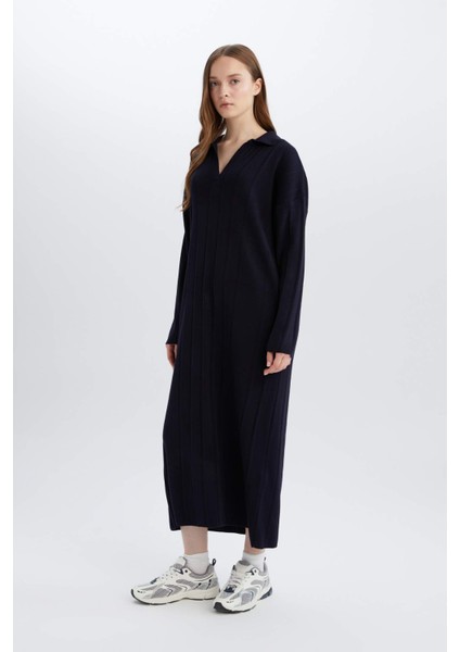 Relax Fit Basic Düz Polo Yaka Maxi Elbise E2972AX25SP