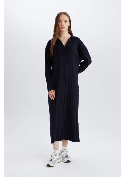 Relax Fit Basic Düz Polo Yaka Maxi Elbise E2972AX25SP
