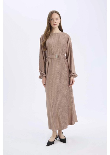 Regular Fit Pilise Uzun Kollu Maxi Elbise E1952AX25SP