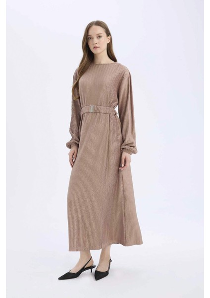 Regular Fit Pilise Uzun Kollu Maxi Elbise E1952AX25SP