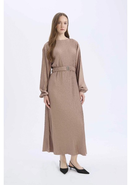Regular Fit Pilise Uzun Kollu Maxi Elbise E1952AX25SP