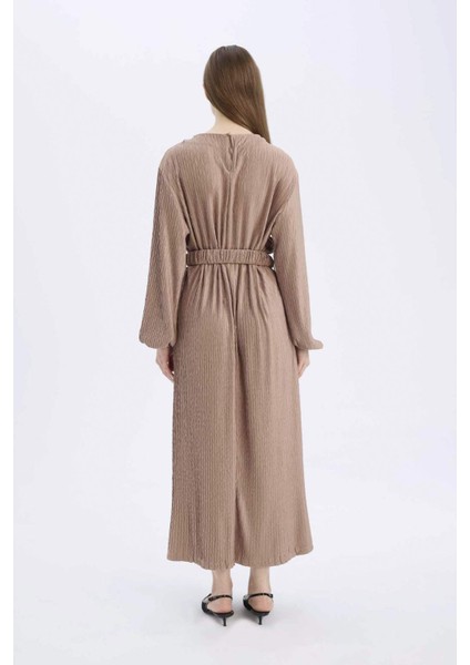 Regular Fit Pilise Uzun Kollu Maxi Elbise E1952AX25SP