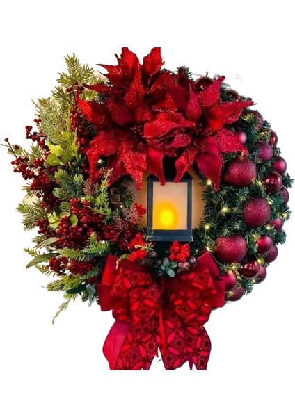 03 40 cm Lamba Yay Topu ile Noel Çelenk Büyük Kırmızı Çiçek Navidad Parti Duvar Kapı Pencere Şömine Merdiven Balkon Bahçe Çelenk 2023 (Yurt Dışından)
