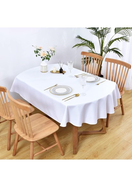 Sıvı Geçirmez Dertsiz Oval Masa Örtüsü Beyaz + 6 Peçete