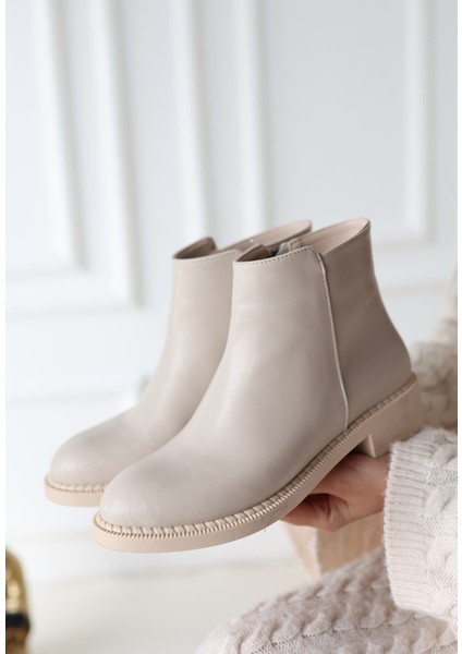 Bej Cilt Topuklu Bot