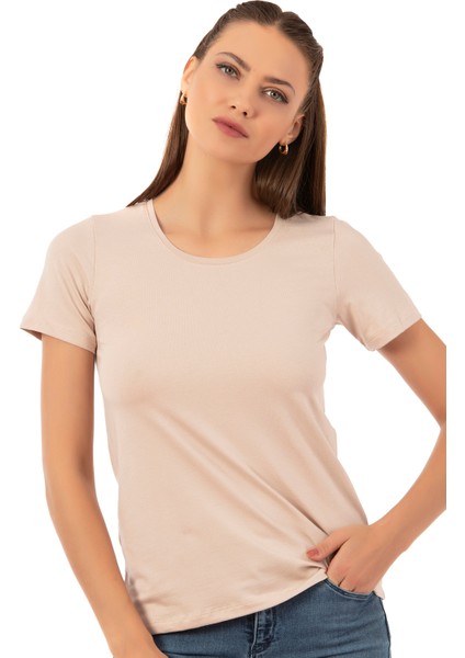 Özkan 26976 Kadın Premium Yumuşak Rahat Kumaş Viskon Bisiklet Yaka Kısa Kollu Örme T-Shirt