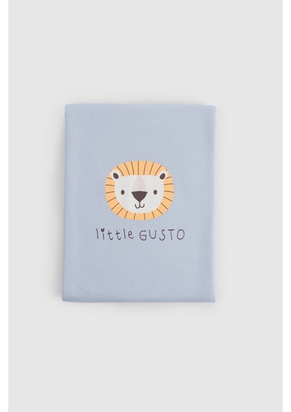 Organik Pamuk Çift Katlı Aslan Desenli Mavi Bebek Battaniyesi