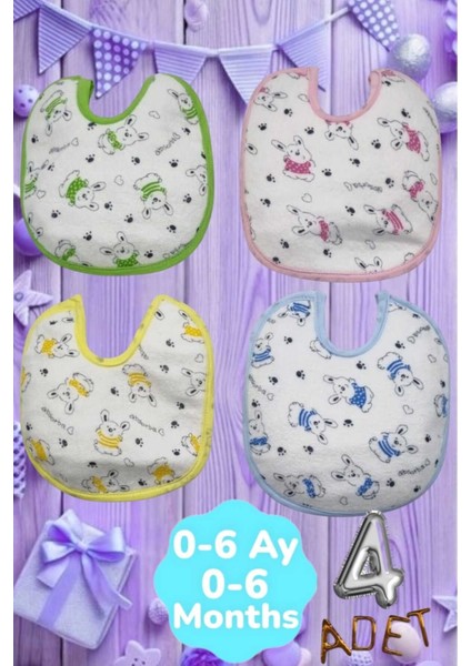 Bebek Cotton Arkası Muşambalı Su Geçirmez Renkli Mama Önlüğü 4'lü Set 0-6 Ay