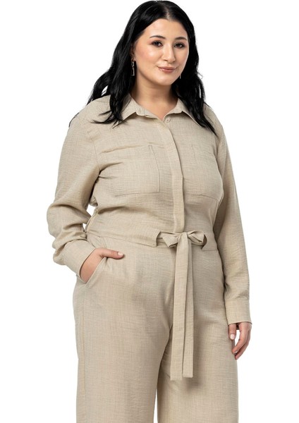Büyük Beden Beli Tünelli ve Arkadan Lastikli Geniş Paça Bej Rengi Tulum
