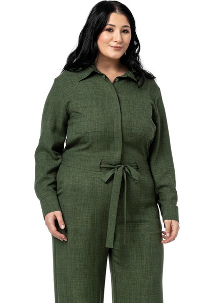 Büyük Beden Beli Tünelli ve Arkadan Lastikli Geniş Paça Haki Tulum