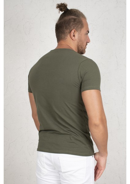 Haki V Yakalı Likralı Dar Kesim Erkek Tshirt 1801165 modelleri