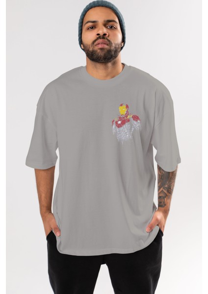 Iron Man (2) Ön Sol Baskılı Oversize T-Shirt Erkek Kadın Unisex Pamuk Bisiklet Yaka Tişort