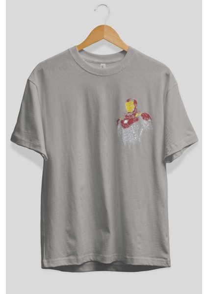 Iron Man (2) Ön Sol Baskılı Oversize T-Shirt Erkek Kadın Unisex Pamuk Bisiklet Yaka Tişort