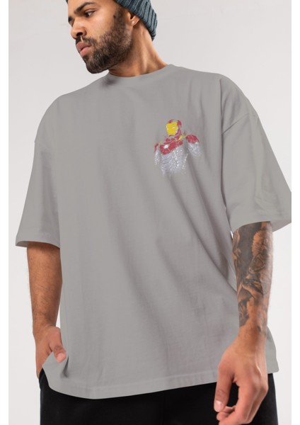 Iron Man (2) Ön Sol Baskılı Oversize T-Shirt Erkek Kadın Unisex Pamuk Bisiklet Yaka Tişort