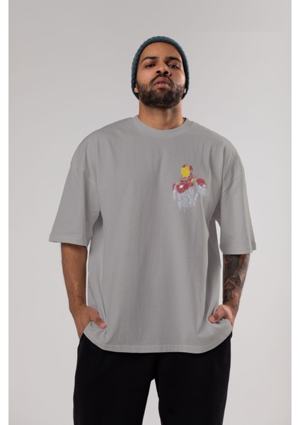 Iron Man (2) Ön Sol Baskılı Oversize T-Shirt Erkek Kadın Unisex Pamuk Bisiklet Yaka Tişort