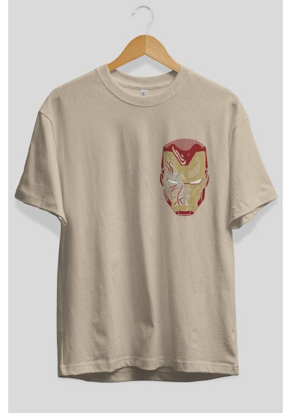 Iron Man (7) Ön Sol Baskılı Oversize T-Shirt Erkek Kadın Unisex Pamuk Bisiklet Yaka Tişort