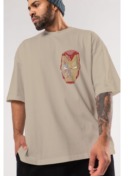 Iron Man (7) Ön Sol Baskılı Oversize T-Shirt Erkek Kadın Unisex Pamuk Bisiklet Yaka Tişort