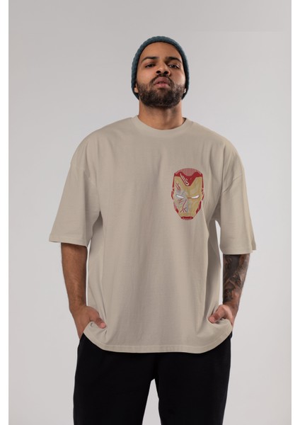 Iron Man (7) Ön Sol Baskılı Oversize T-Shirt Erkek Kadın Unisex Pamuk Bisiklet Yaka Tişort