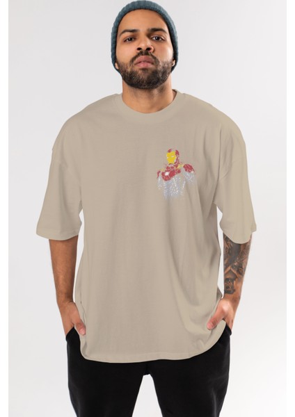 Iron Man (2) Ön Sol Baskılı Oversize T-Shirt Erkek Kadın Unisex Pamuk Bisiklet Yaka Tişort