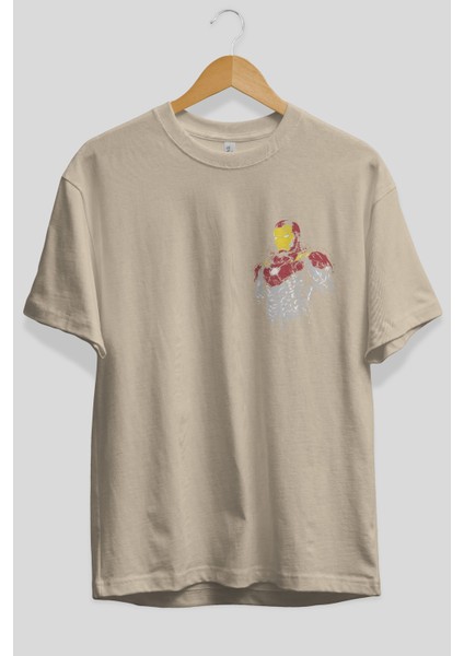 Iron Man (2) Ön Sol Baskılı Oversize T-Shirt Erkek Kadın Unisex Pamuk Bisiklet Yaka Tişort