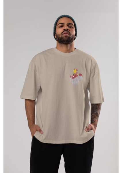 Iron Man (2) Ön Sol Baskılı Oversize T-Shirt Erkek Kadın Unisex Pamuk Bisiklet Yaka Tişort