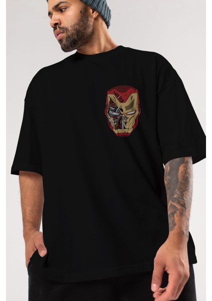 Iron Man (7) Ön Sol Baskılı Oversize T-Shirt Erkek Kadın Unisex %100 Pamuk Bisiklet Yaka Tişort