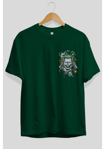 Joker Ön Sol Baskılı Oversize T-Shirt Erkek Kadın Unisex Pamuk Bisiklet Yaka Tişort