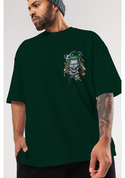 Joker Ön Sol Baskılı Oversize T-Shirt Erkek Kadın Unisex Pamuk Bisiklet Yaka Tişort
