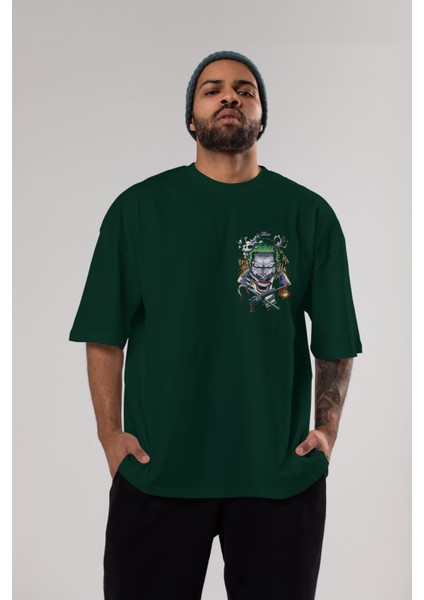 Joker Ön Sol Baskılı Oversize T-Shirt Erkek Kadın Unisex Pamuk Bisiklet Yaka Tişort