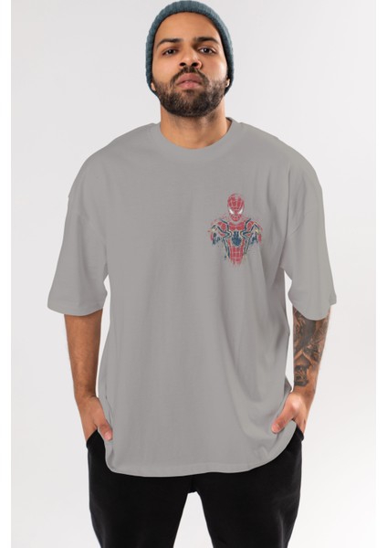 Spiderman (9) Ön Sol Baskılı Oversize T-Shirt Erkek Kadın Unisex Pamuk Bisiklet Yaka Tişort