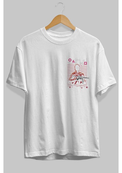 Squid Game (2) Ön Sol Baskılı Oversize T-Shirt Erkek Kadın Unisex %100 Pamuk Bisiklet Yaka Tişort