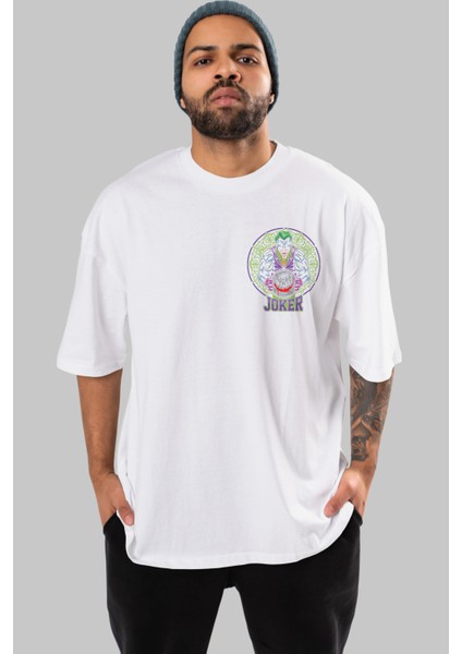 Joker Gym Ön Sol Baskılı Oversize T-Shirt Erkek Kadın Unisex %100 Pamuk Bisiklet Yaka Tişort