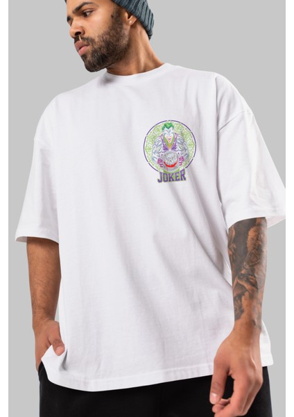Joker Gym Ön Sol Baskılı Oversize T-Shirt Erkek Kadın Unisex %100 Pamuk Bisiklet Yaka Tişort