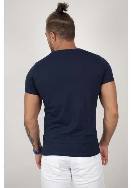 Lacivert V Yakalı Likralı Dar Kesim Erkek Tshirt 1801165