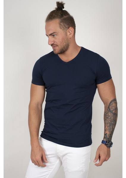 Lacivert V Yakalı Likralı Dar Kesim Erkek Tshirt 1801165