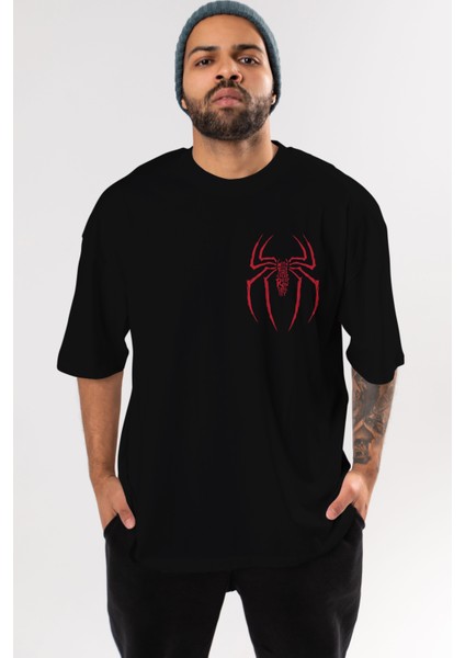 Spiderman (1) Ön Sol Baskılı Oversize T-Shirt Erkek Kadın Unisex %100 Pamuk Bisiklet Yaka Tişort