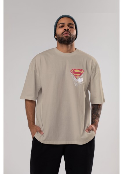 Superman Ön Sol Baskılı Oversize T-Shirt Erkek Kadın Unisex Pamuk Bisiklet Yaka Tişort indirimleri