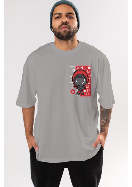 Squid Game (4) Ön Sol Baskılı Oversize T-Shirt Erkek Kadın Unisex Pamuk Bisiklet Yaka Tişort