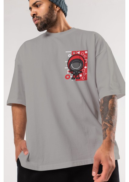 Squid Game (4) Ön Sol Baskılı Oversize T-Shirt Erkek Kadın Unisex Pamuk Bisiklet Yaka Tişort