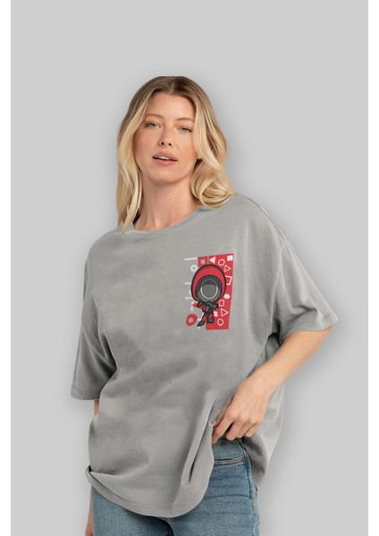 Squid Game (4) Ön Sol Baskılı Oversize T-Shirt Erkek Kadın Unisex Pamuk Bisiklet Yaka Tişort